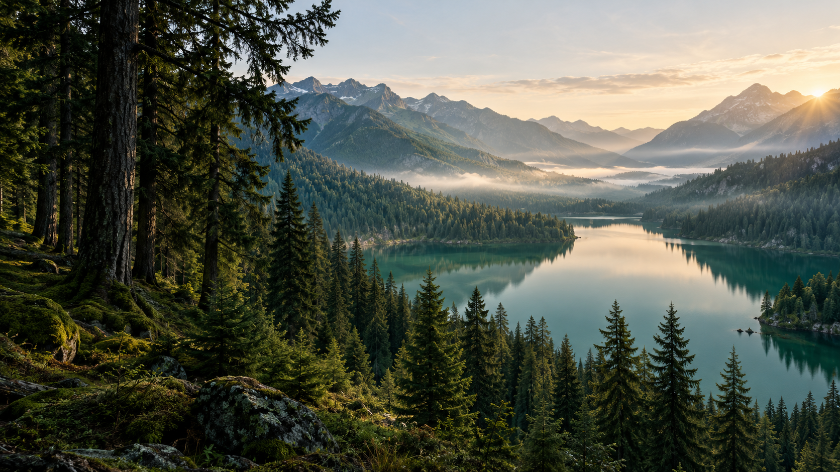 Un lac au cœur d’une grande vallée bordée de forêts